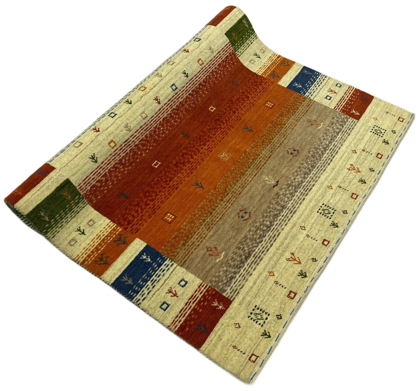 Gabbeh Teppich 100% Wolle Beige Orange Blau loom lori Handgewebt 125x180 cm S1