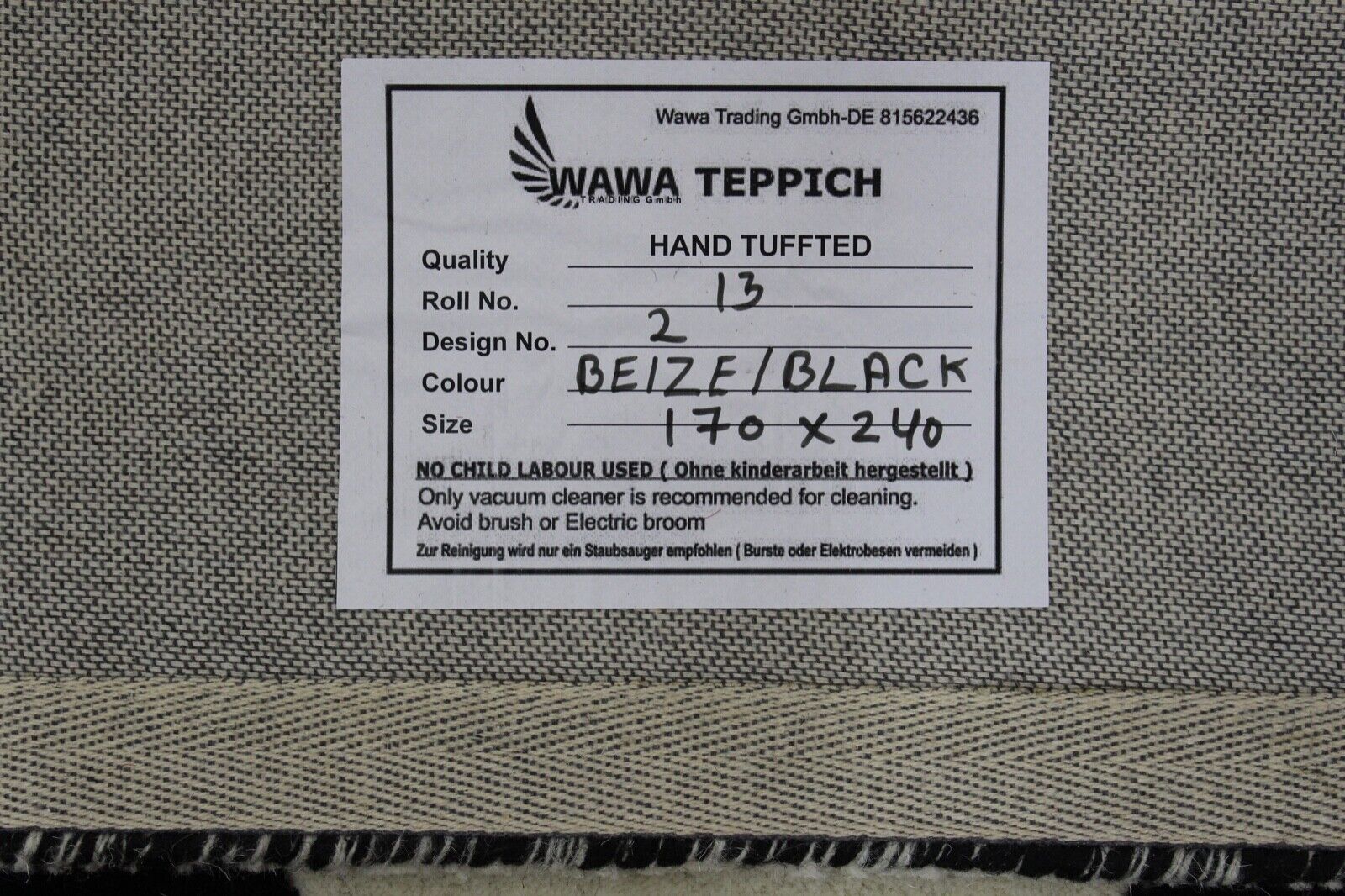 Schwarz Beige 100% Wolle Teppich 170X240 CM Handarbeit Handgetuftet Dreieck ME2