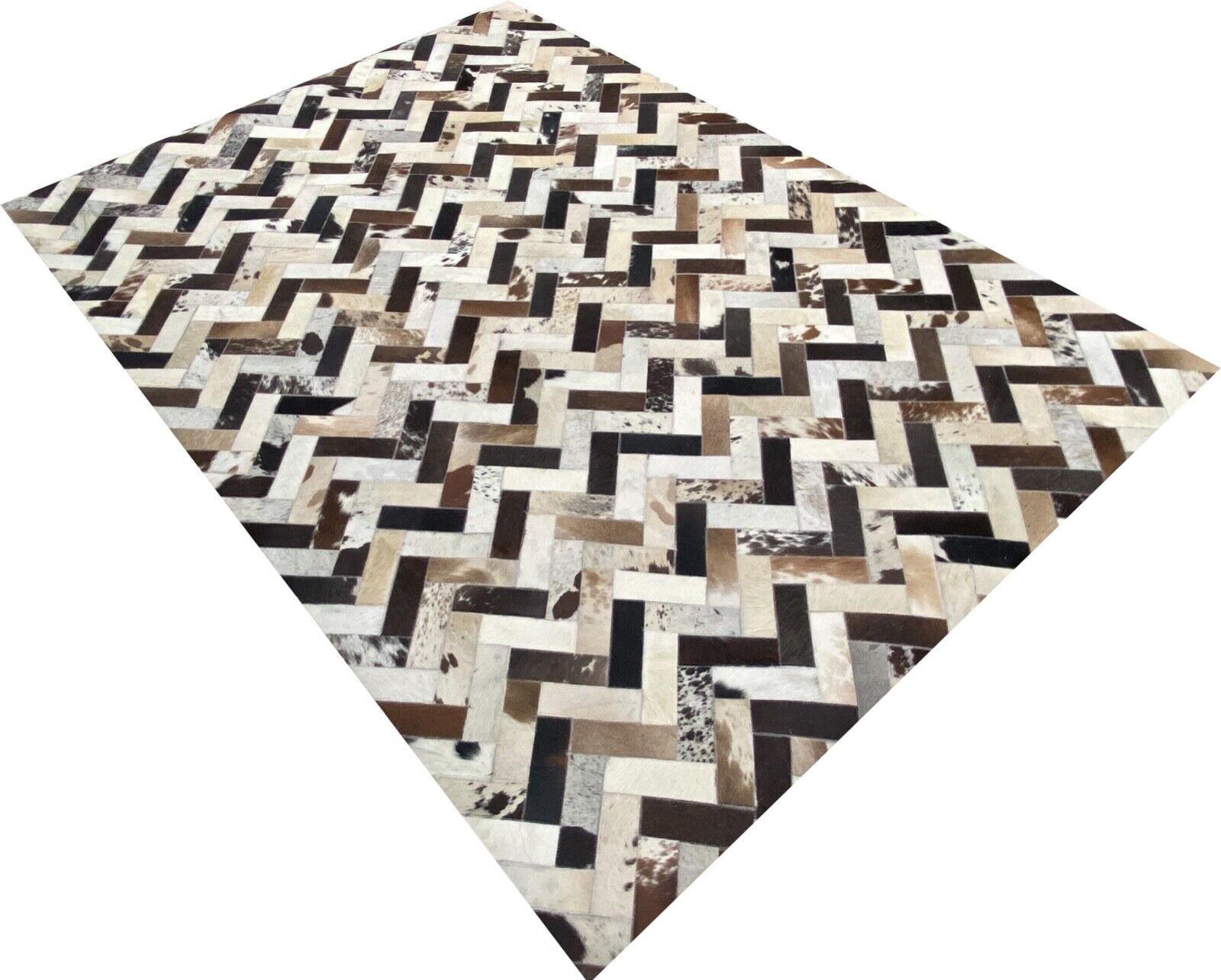 Lædertæppe 160x230 cm 100% okselæder elfenben brun beige sølv patchwork L7