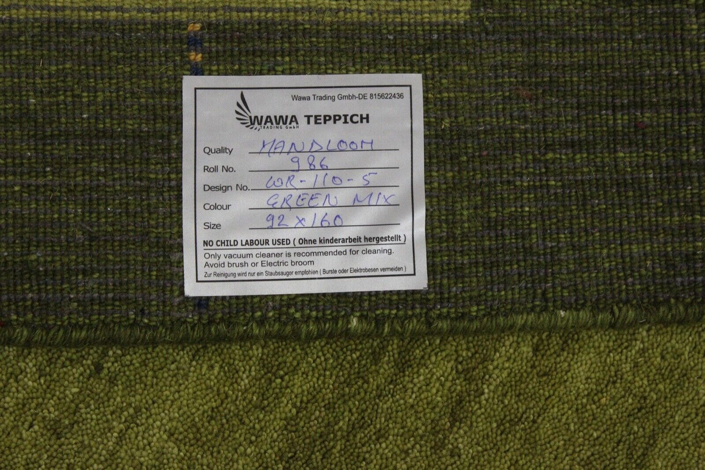 Gabbeh Teppich Grün 100% Wolle Handgewebt Orientteppich Lori 90x160 cm WR110