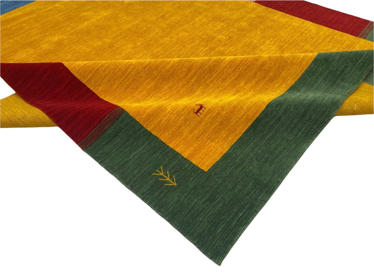 Gabbeh Teppich 100% Wolle 140x200 cm Gold Grün Rot Handgewebt Orientteppich Bunt