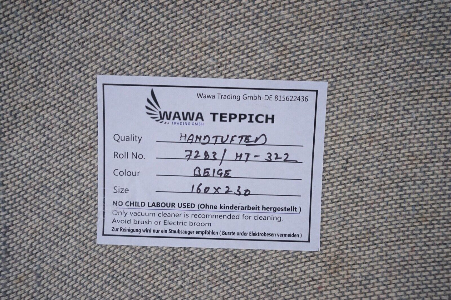 Teppich 100% Wolle Beige 160X230 cm Orientteppich Handgetuftet HT322