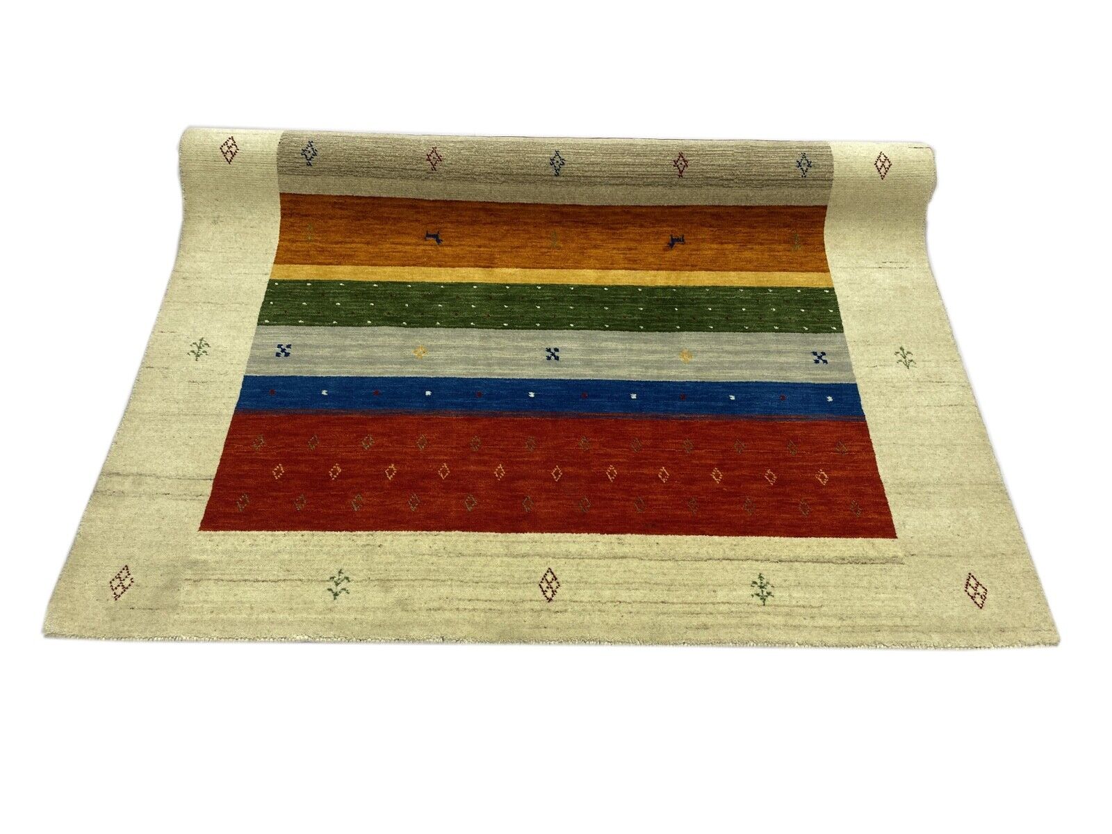 Wohnzimmer Gabbeh Teppich Beige Blau Gold 100% Wolle 175x240 cm Handgewebt WR79