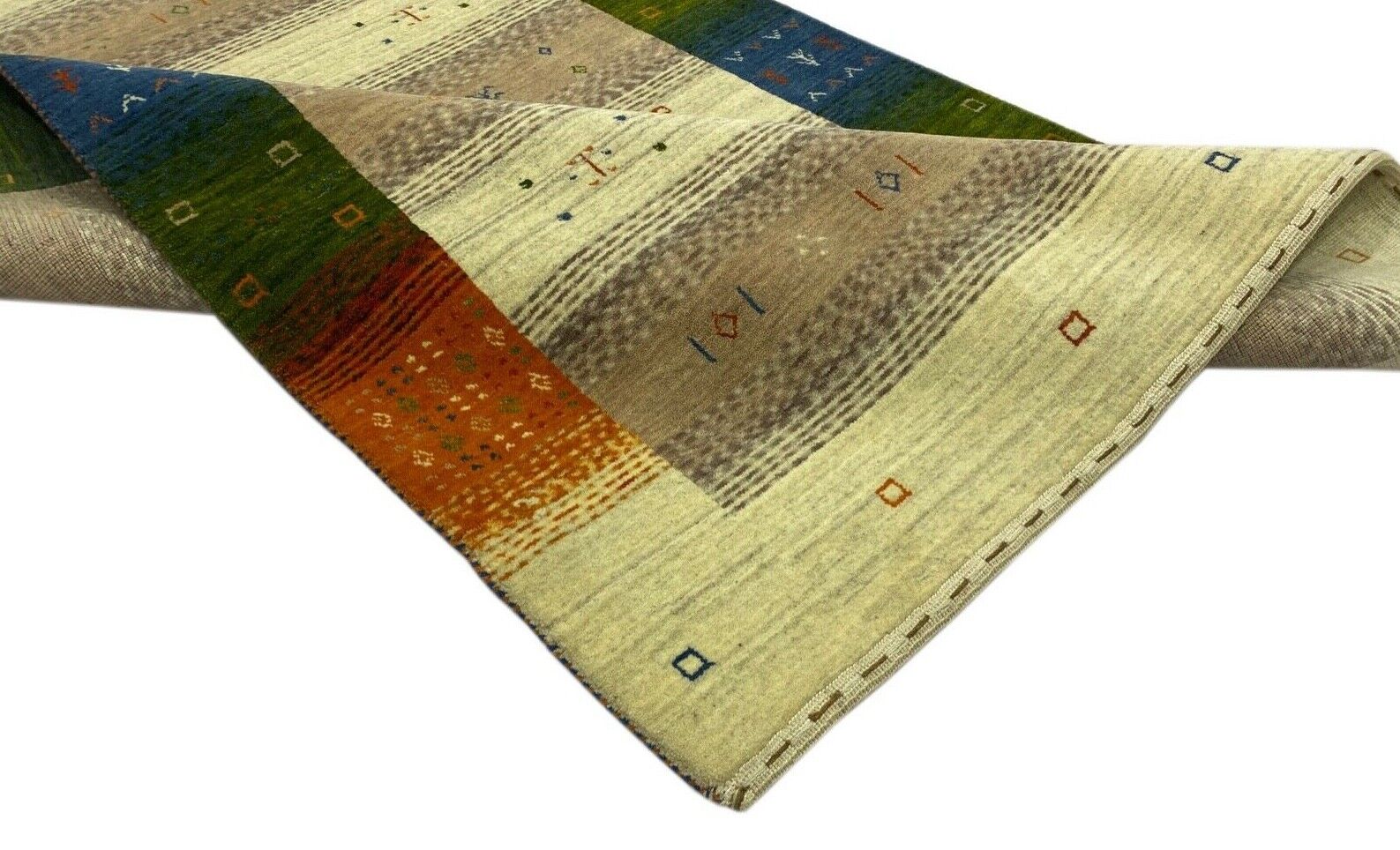 Gabbeh Teppich 100% Wolle Béžová Oranžová Blau loom lori Handgewebt 125x180 cm S111