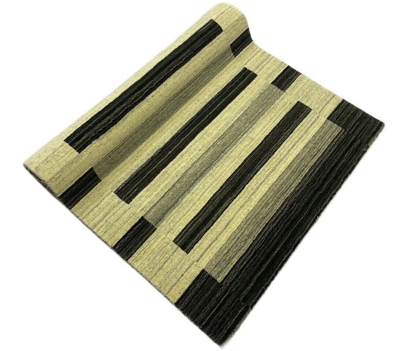 Teppich 100% Wolle Schwarz Beige Gabbeh Handgewebt 118x187 cm Naturwolle S126