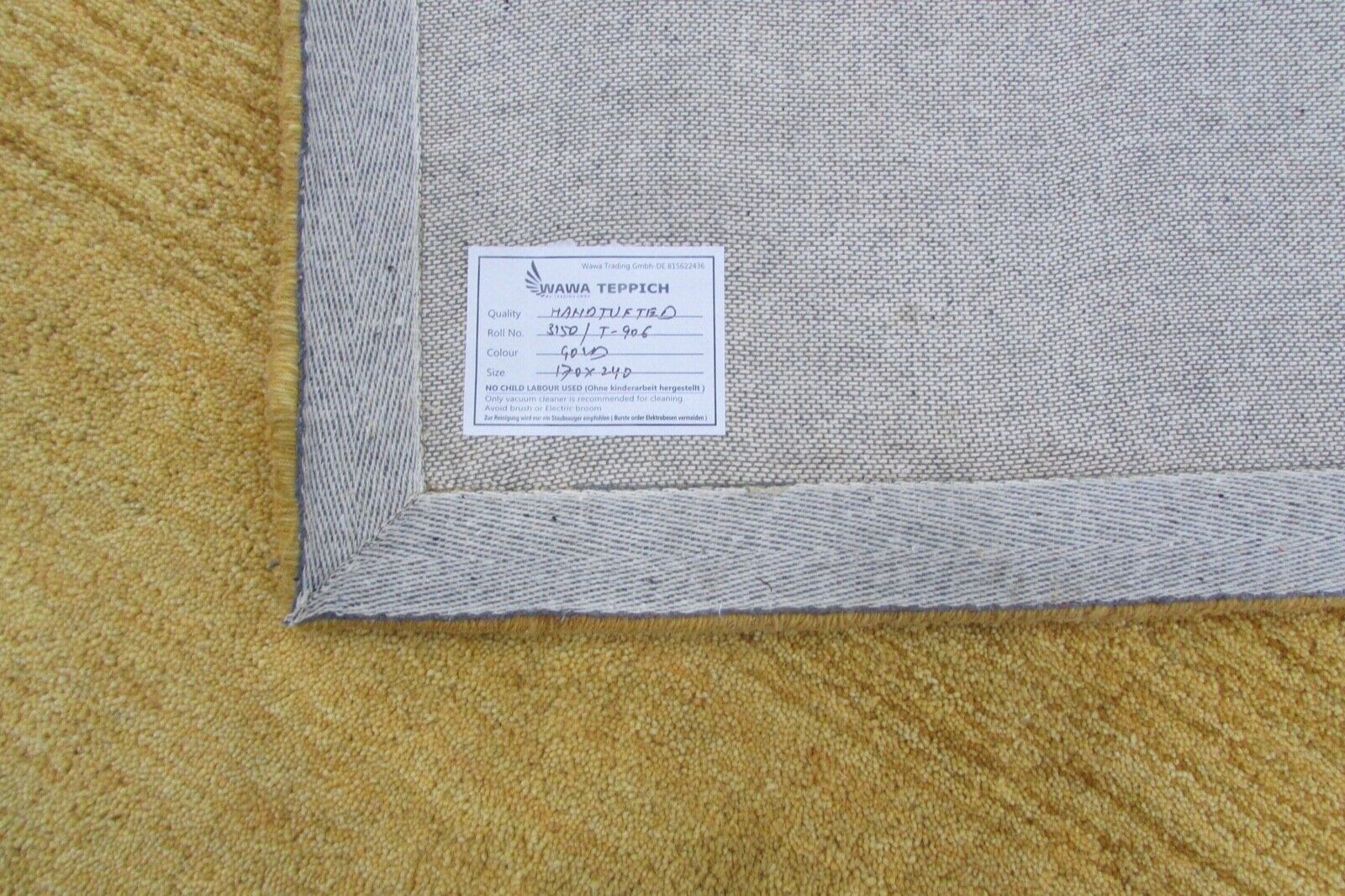 Garstyčių geltonumo vilnonis kilimas, 170x240 cm, rankų darbo, auksinis, rankomis dygsniuotas, T906