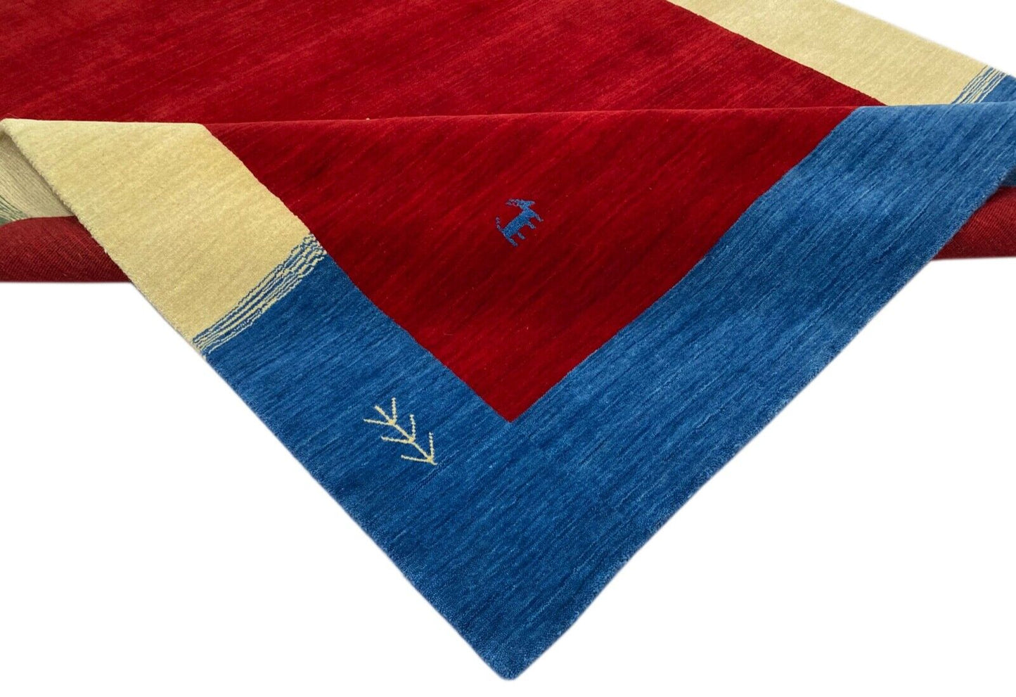 Gabbeh Teppich 100% Wolle 170x240 cm Rot Gold Beige Handgewebt Orientteppich