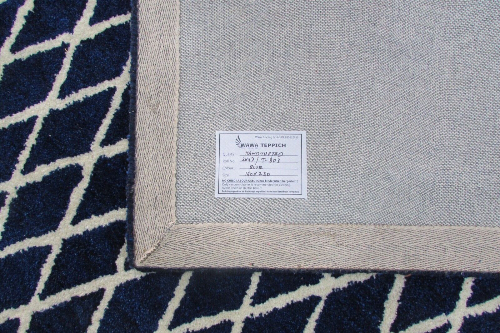 Alfombra hecha a mano, 100% lana, 160x230 cm, azul, alfombra oriental, tufted a mano, T803