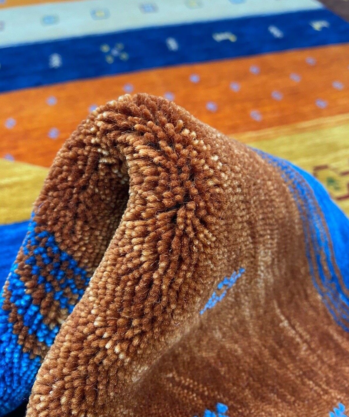 Gabbeh Teppich Braun Blau Gold 100% Wolle 170x240 cm Handgewebt Lori loom WR78