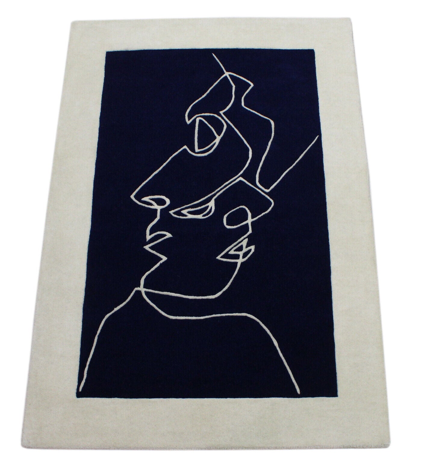 Blau Beige Teppich 100% Wolle 120X180 CM Designer Handgetuftet Gesicht