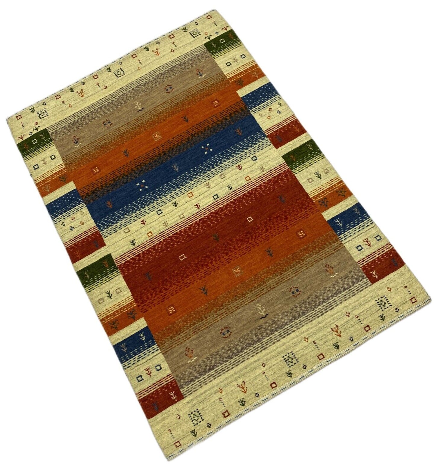 Gabbeh Teppich 100% Wolle Beige Orange Blau loom lori Handgewebt 125x180 cm S1