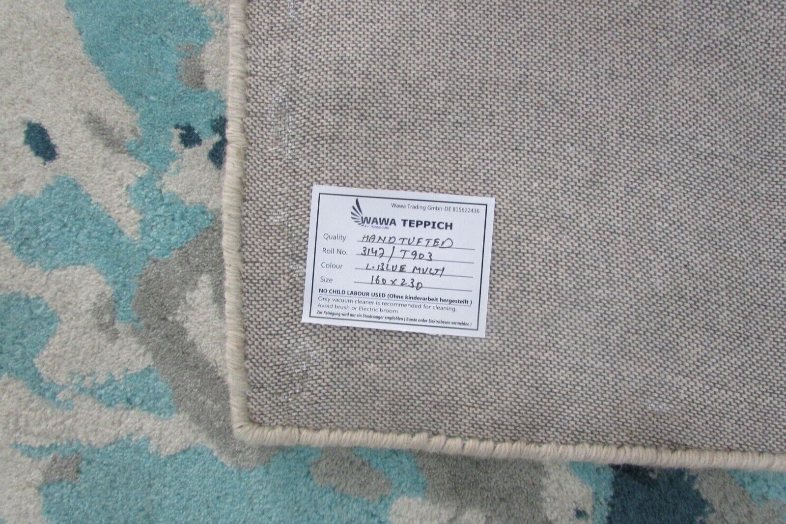 Lyseblåt beige tæppe, 100% uld, 160x230 cm, moderne, håndtuftet, T903