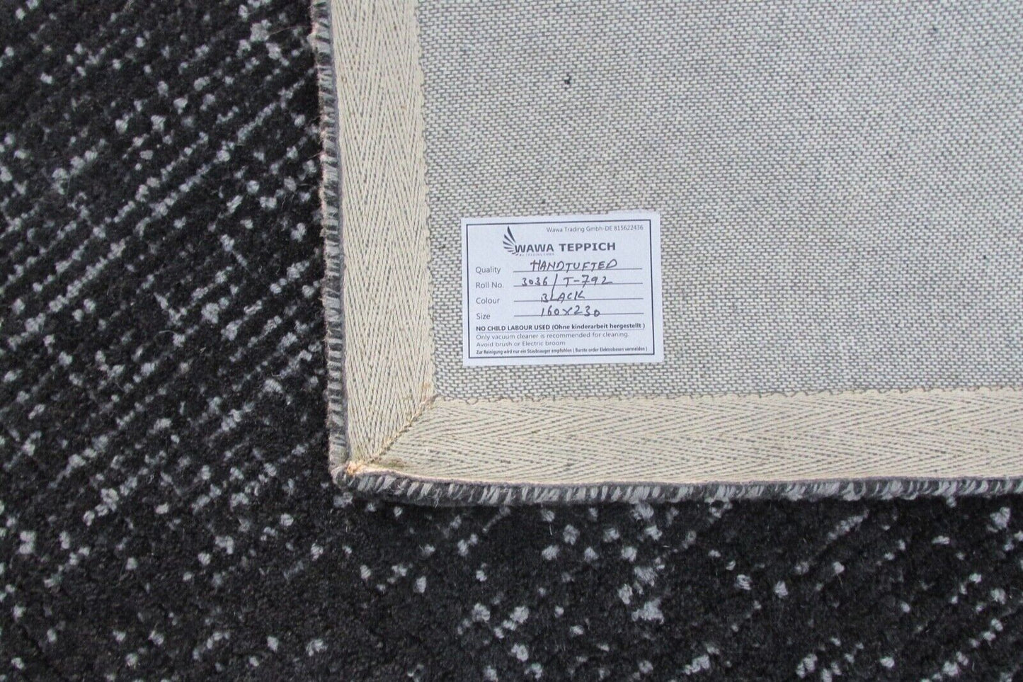 Teppich 100% Wolle Schwarz Grau 160X230 cm Wohnzimmer Design Handgetuftet T792