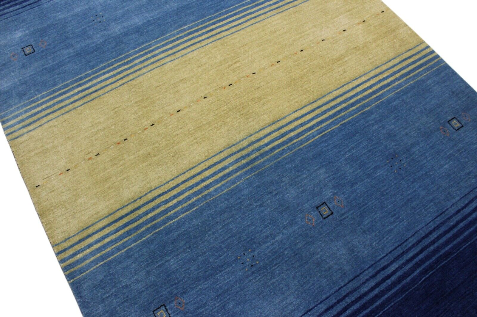 Gabbeh Blau Gelb Teppich 169x238 cm Handgewebt 100% Wolle Lori Buff LR520