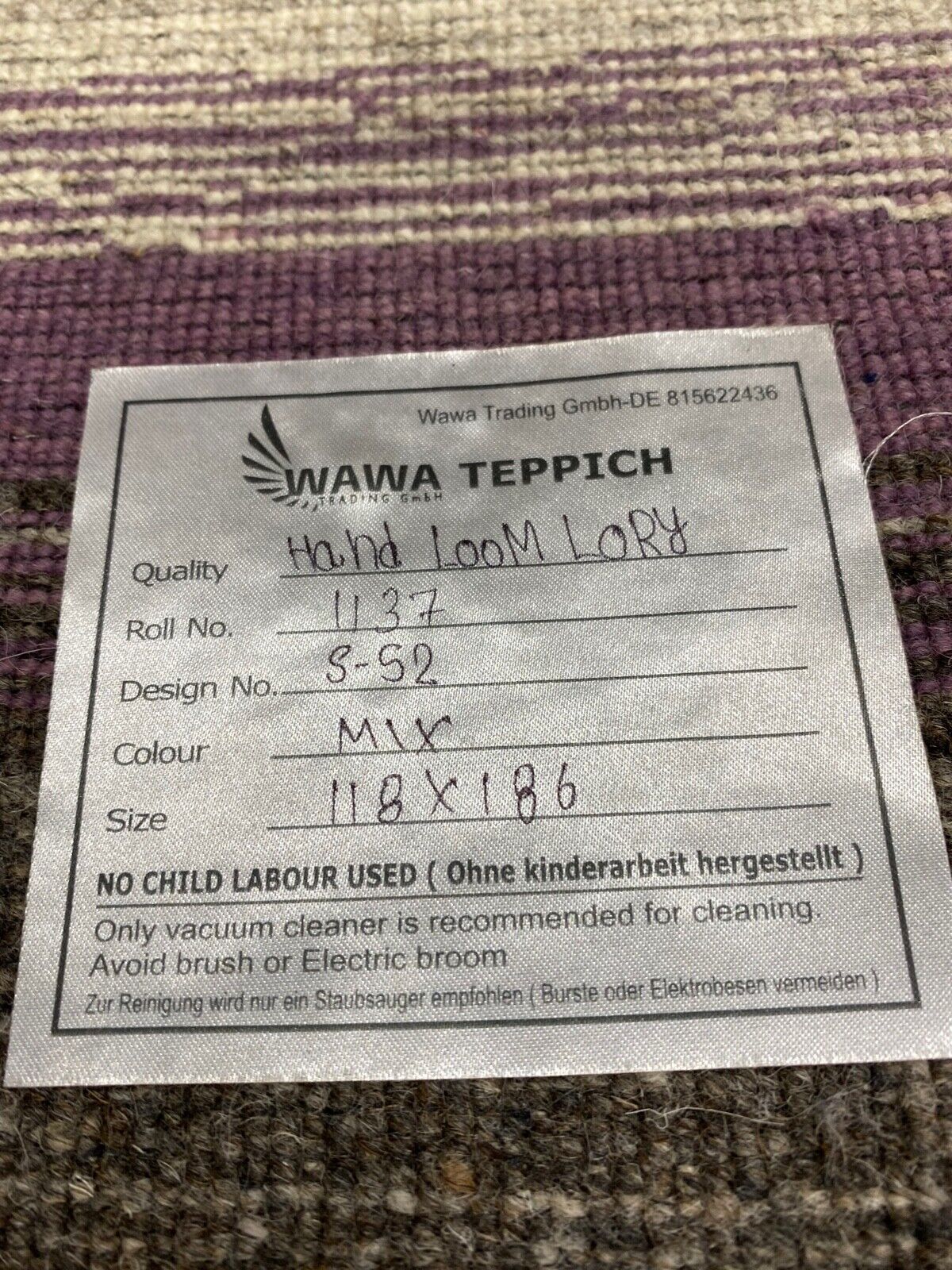 Teppich Gabbeh Rosa Schwarz Beige 100% Wolle lori Handgewebt 118x185 cm S52