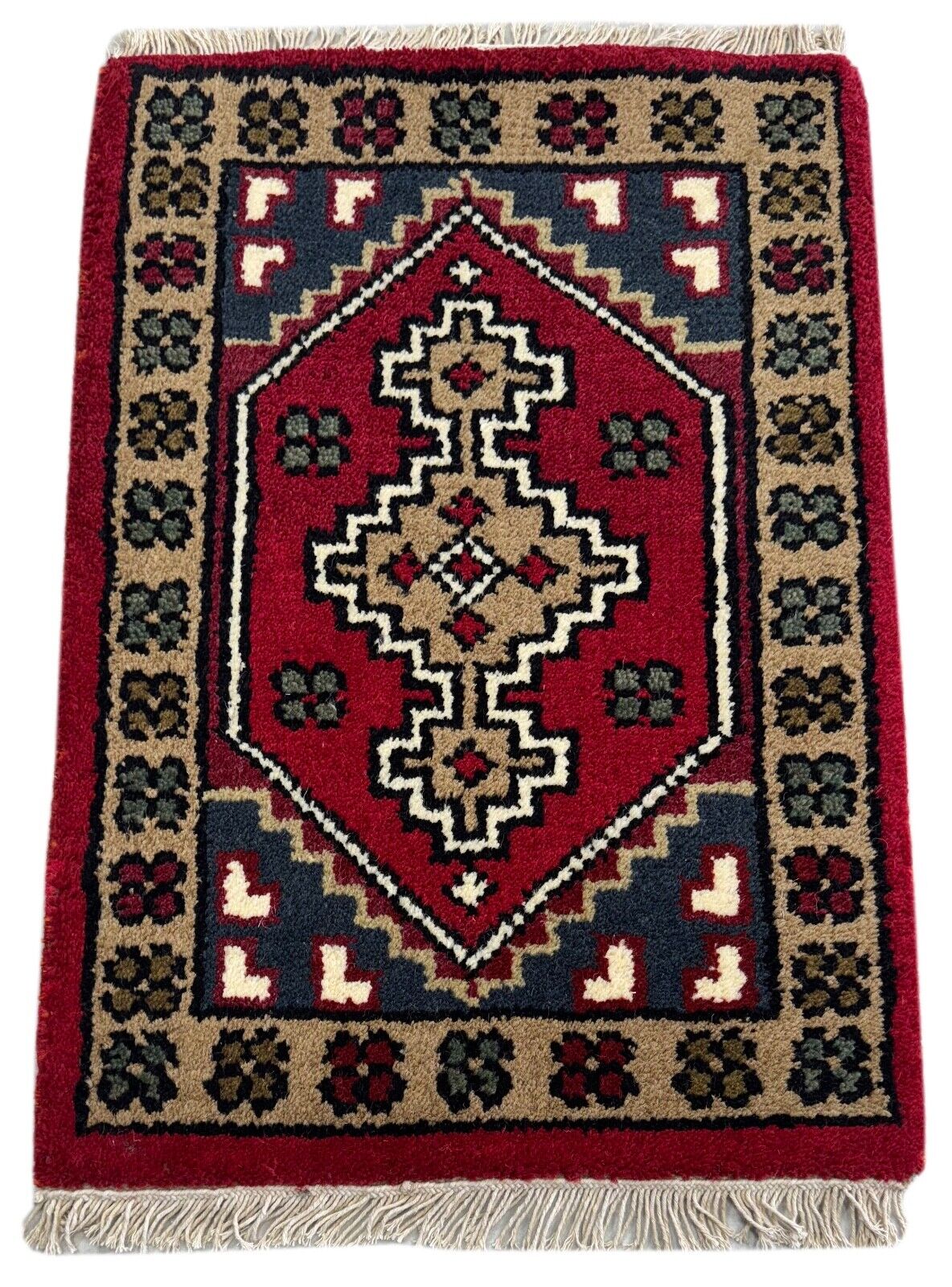 Brücke Teppich 40x60 cm Handgeknüpft Fußmatte Automatte 100% Wolle Rot Blau PH40