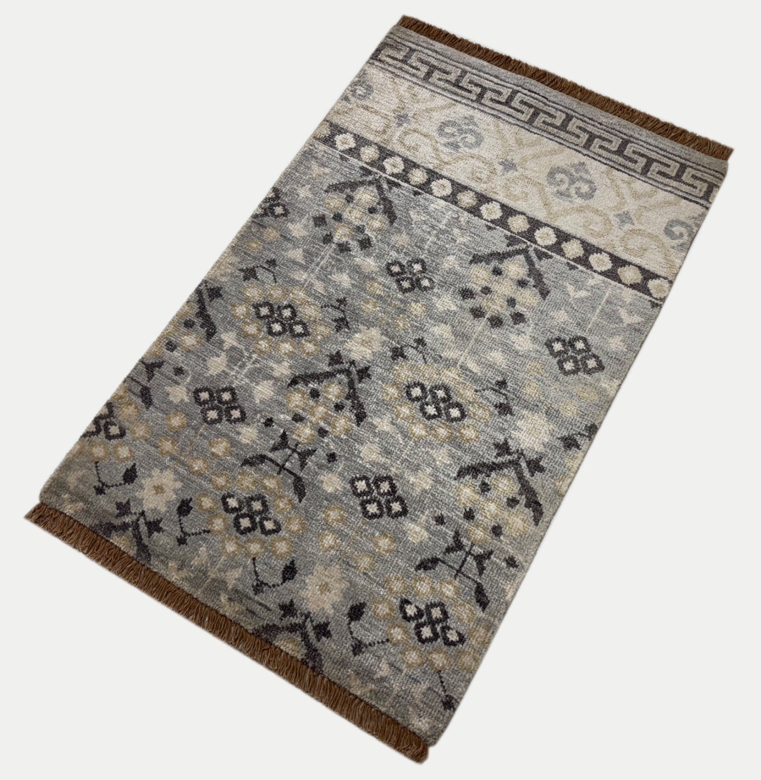 Handgeknüpfter Wollteppich 60x90 cm Kurzflor Modern Grau Beige Teppich D747