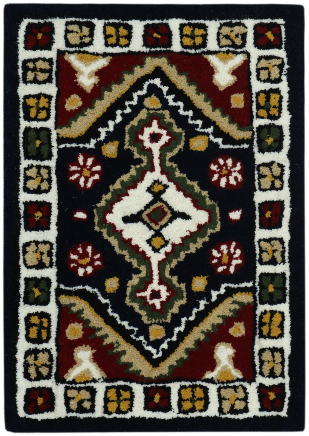 Wollteppich 40x60 Blau Beige Oriental Handgemacht Türvorleger Fussmatte HT370B