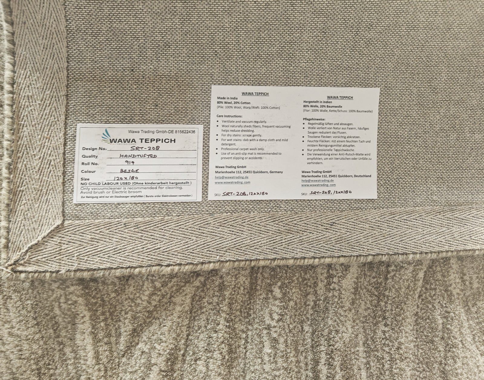 Ročno tkana volnena preproga 120x180 bež, moderna dnevna soba SH208