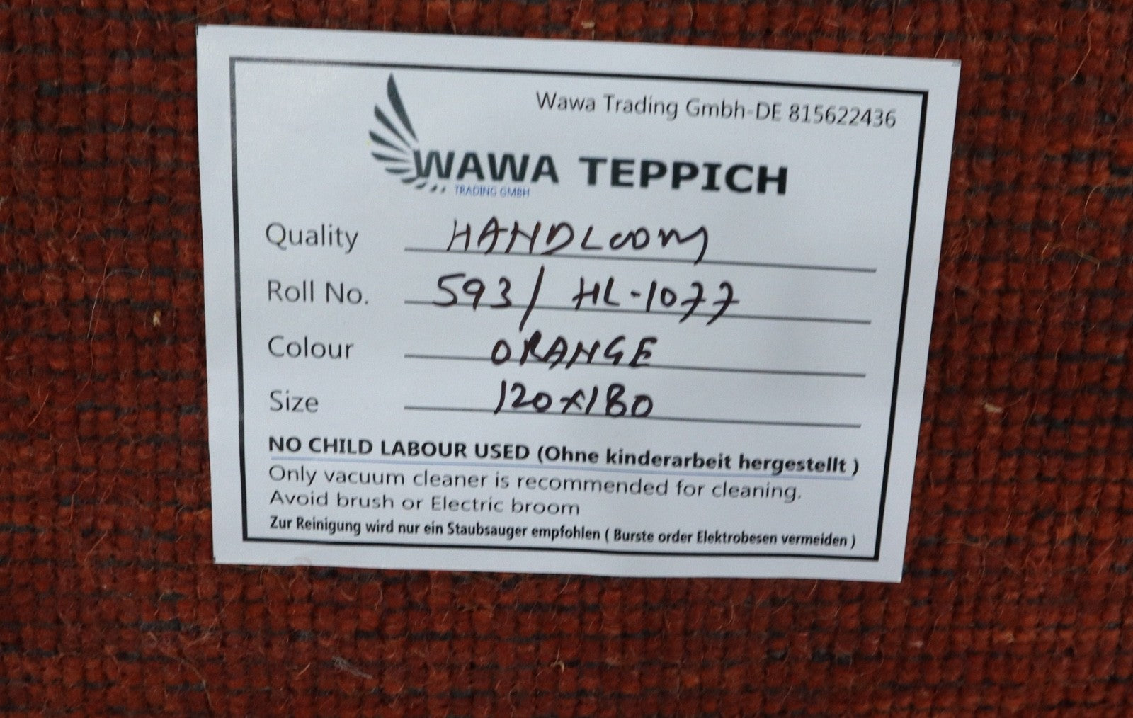 Handgewebter Gabbeh Teppich 100% Wolle Orange Unifarben 120x180 cm HL1077