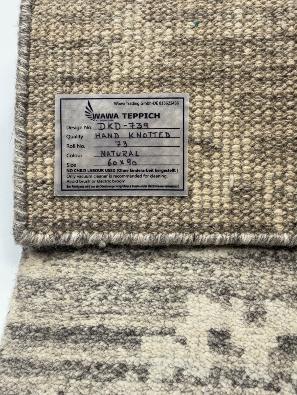 Tappeto in lana annodato a mano 60x90cm a pelo corto moderno grigio chiaro naturale D739