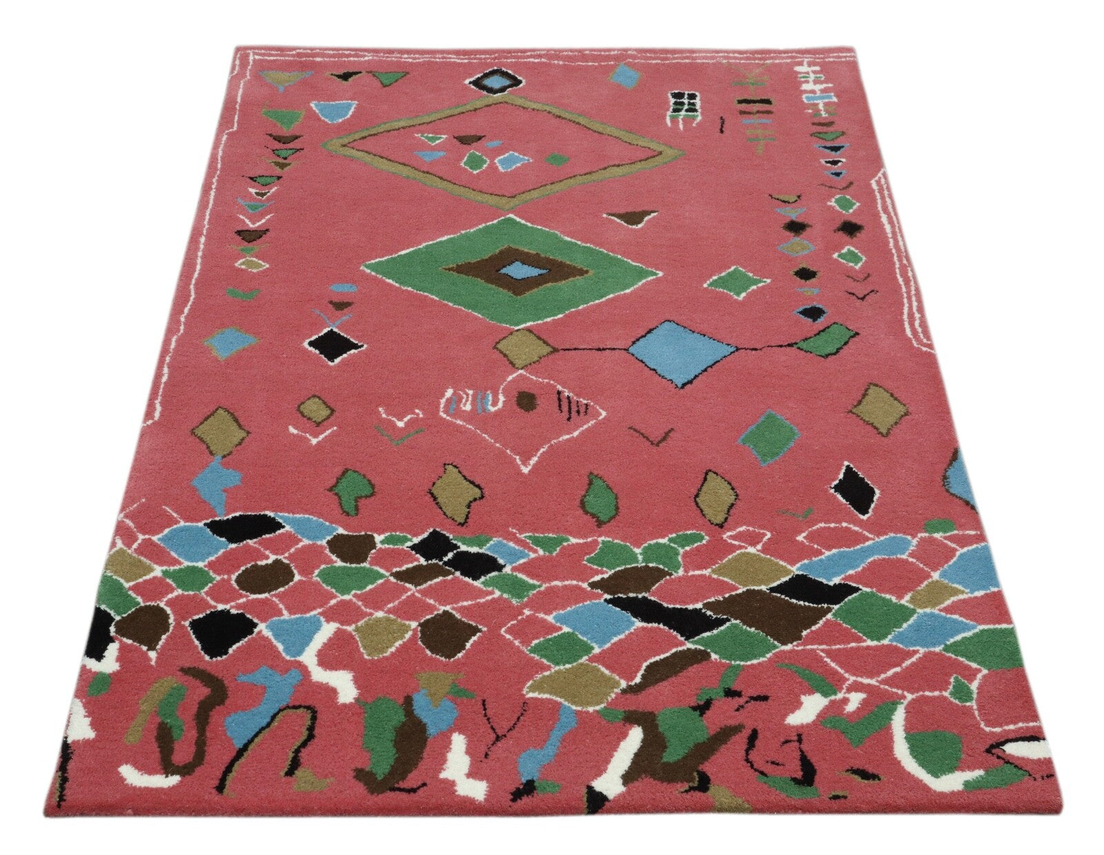 Wollteppich 120x180 Rosa Bunt Rauten Marokko Muster Teppich Handgetuftet HT304