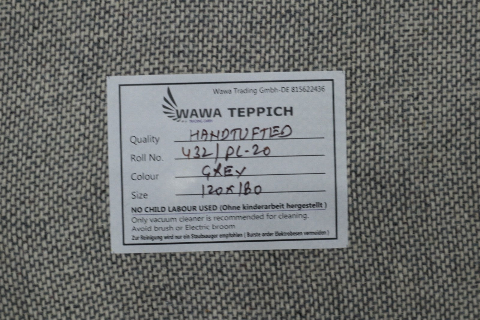 Gabbeh Teppich 100% Wolle Grau Uni Farbe 120x180 cm Handgemacht PL20