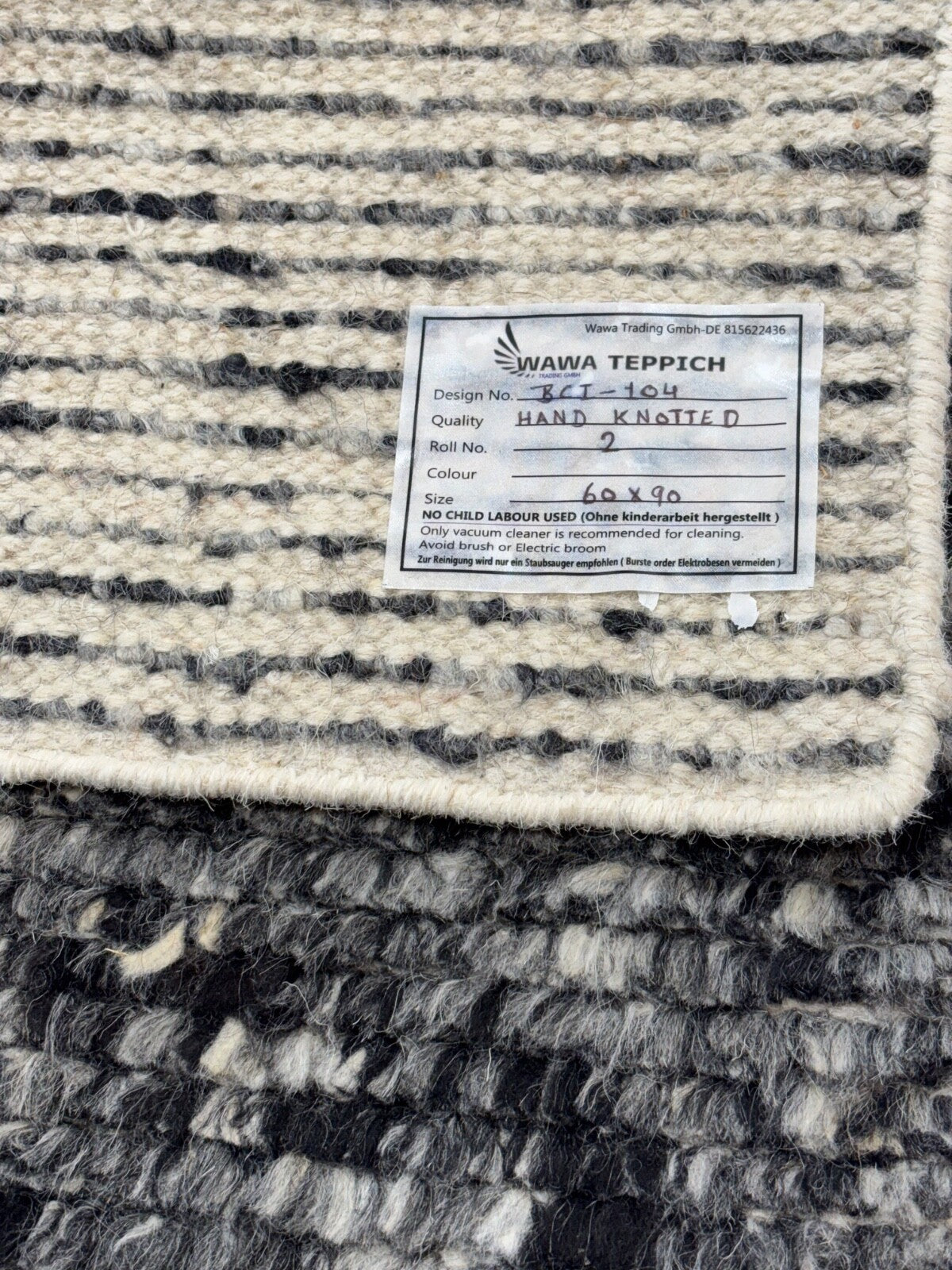 Handgeknüpfter Wollteppich 60x90cm 100% Wolle Modernes Design Grau Schwarz R02