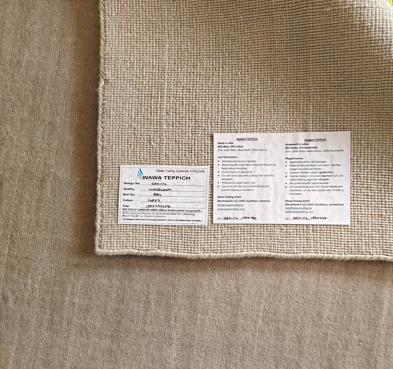 Handgewebter Teppich 150x240 grau Glanzoptik Wolle Flach Wohnzimmer SH112