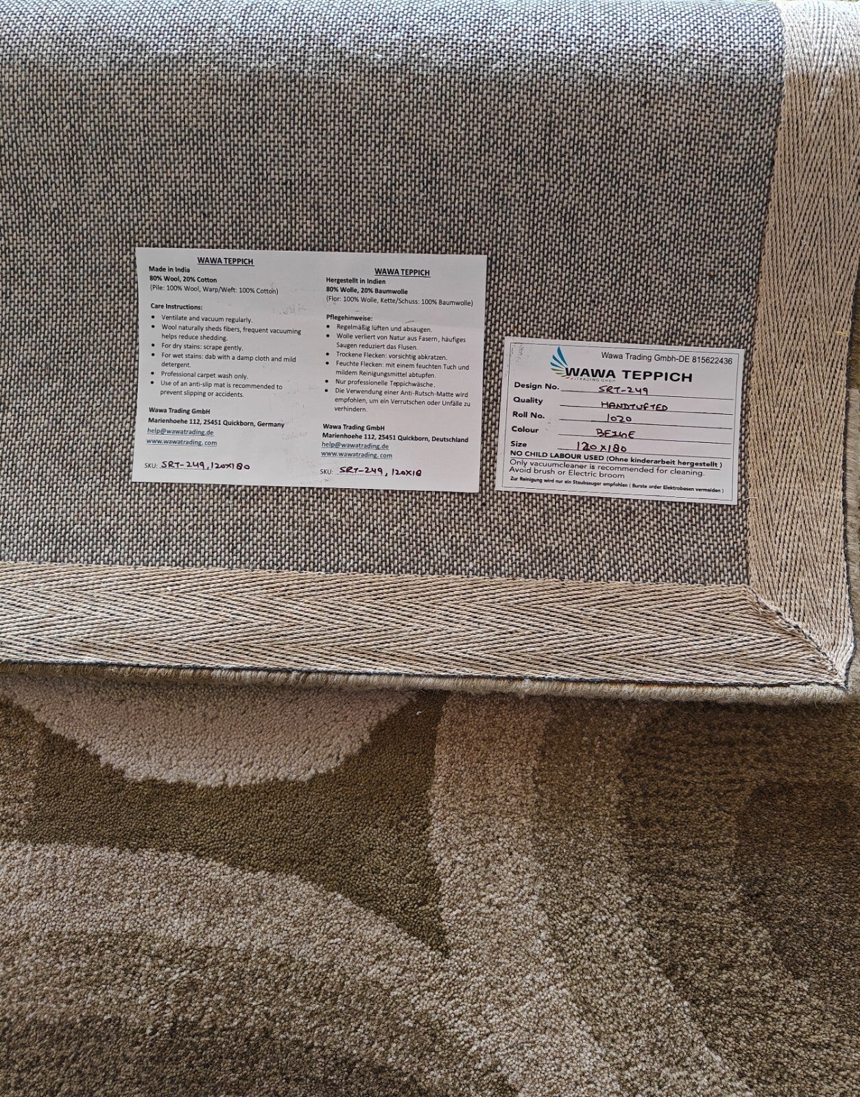 Handgetufteter Wolle teppich 120x180 Beige Modern Wohnzimmer SH249