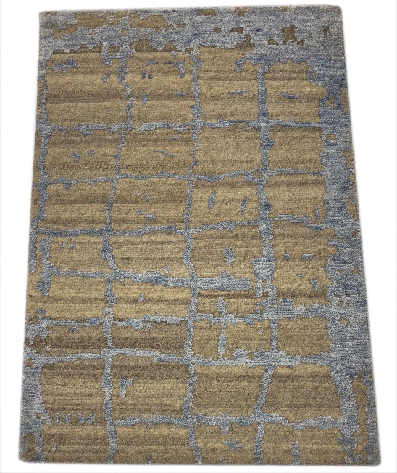 Handgeknüpfter Design Teppich 60x90 Beige Blau Wolle Bambus Seidenglanz R116