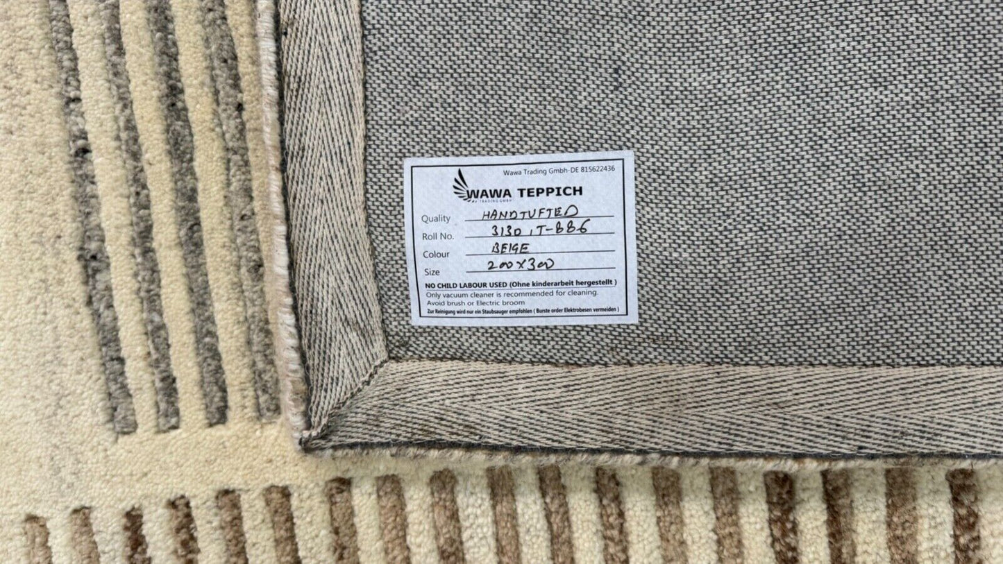 Beige Teppich  100% Wolle Grau Braun  Handgetuftete 200X300 CM Designer T886