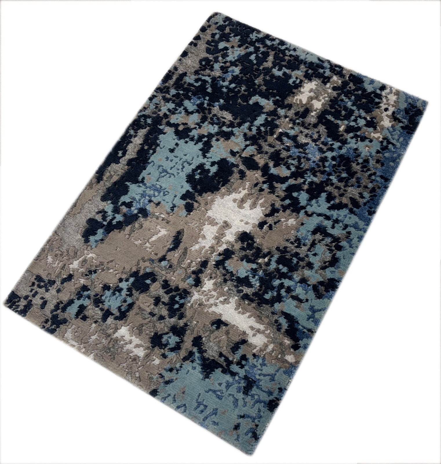 Handgeknüpfter Design Teppich 60x90 Blau Grau Bambus Seidenglanz R119