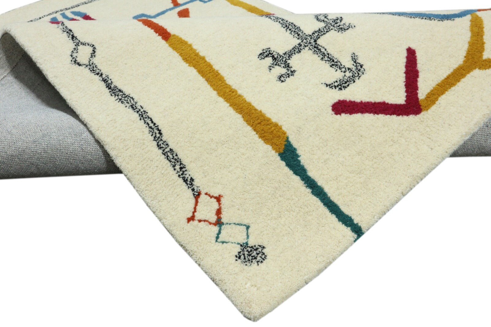 Wollteppich 120x180 Beige Bunt Berber Muster Marokko Stil Teppich Handgetuftet