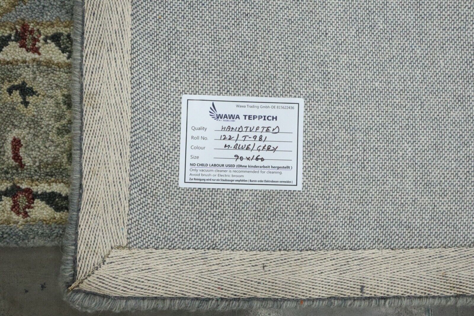 Grau Hell Blau Orient Teppich 100% Wolle 90X160 cm Handarbeit Handgetuftet T981