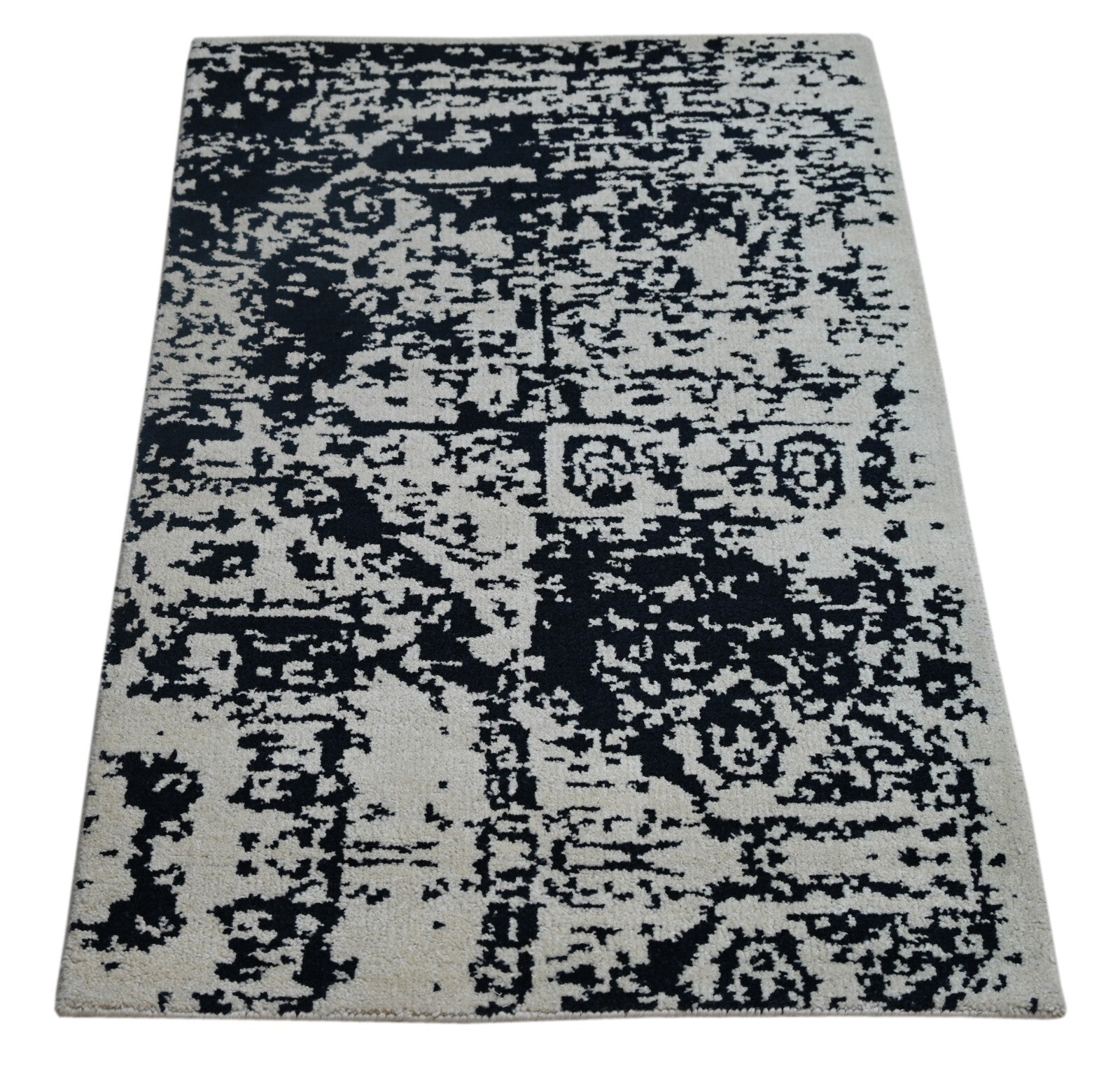Modernes Handgeknüpfter Wolle 90x150 Vintage weiß grau Wohnzimmer Teppich SH160