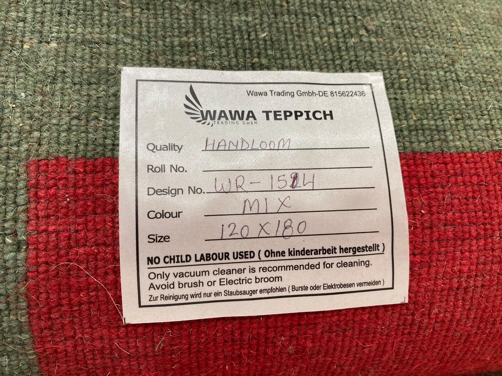 Rot Grün Teppich 100% Wolle Gabbeh 120x180 cm Handgewebt Home Deko WR154 