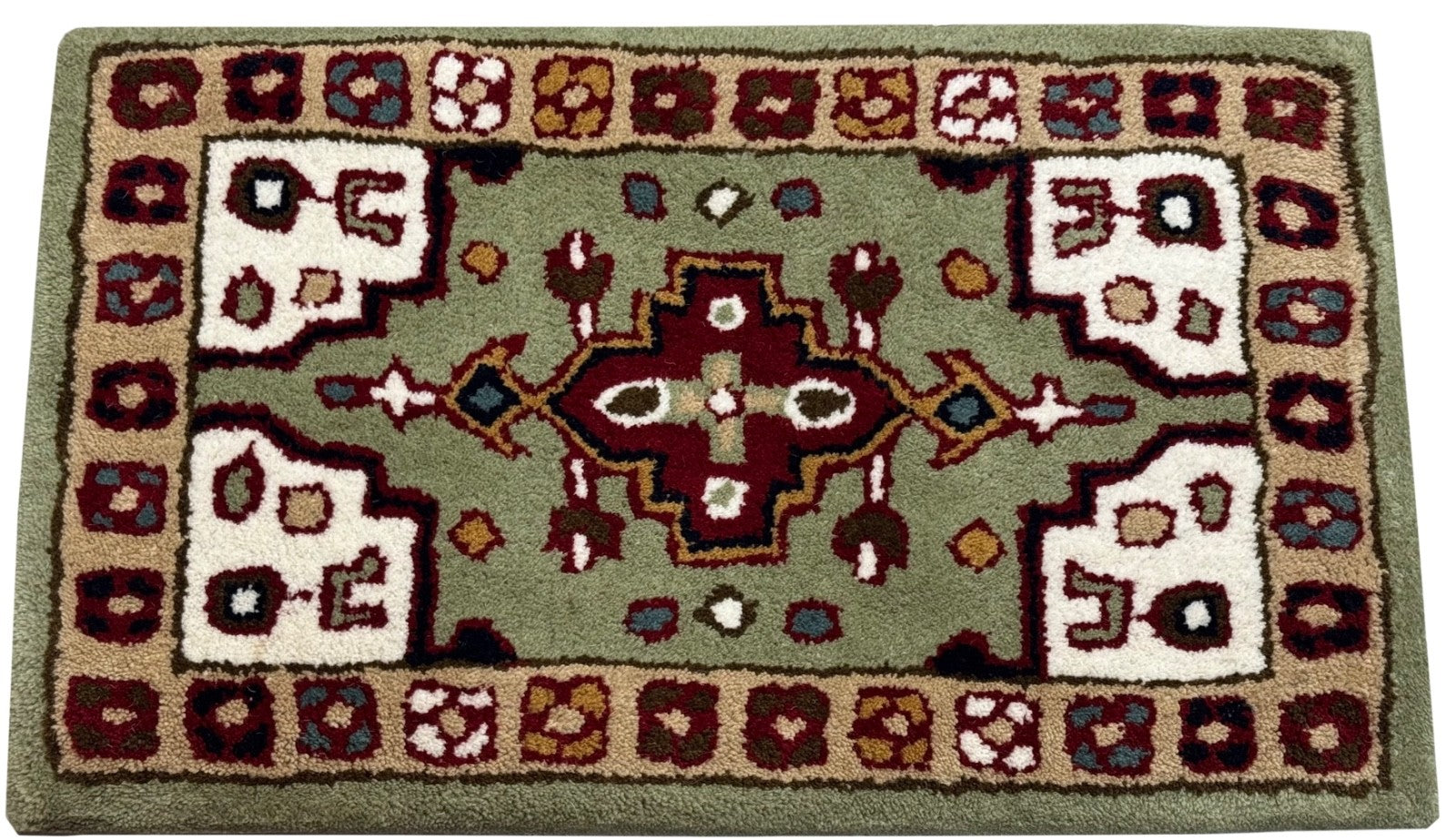 Wollteppich 40x60 Grün Beige Oriental Handgemacht Türvorleger Fussmatte HT373G