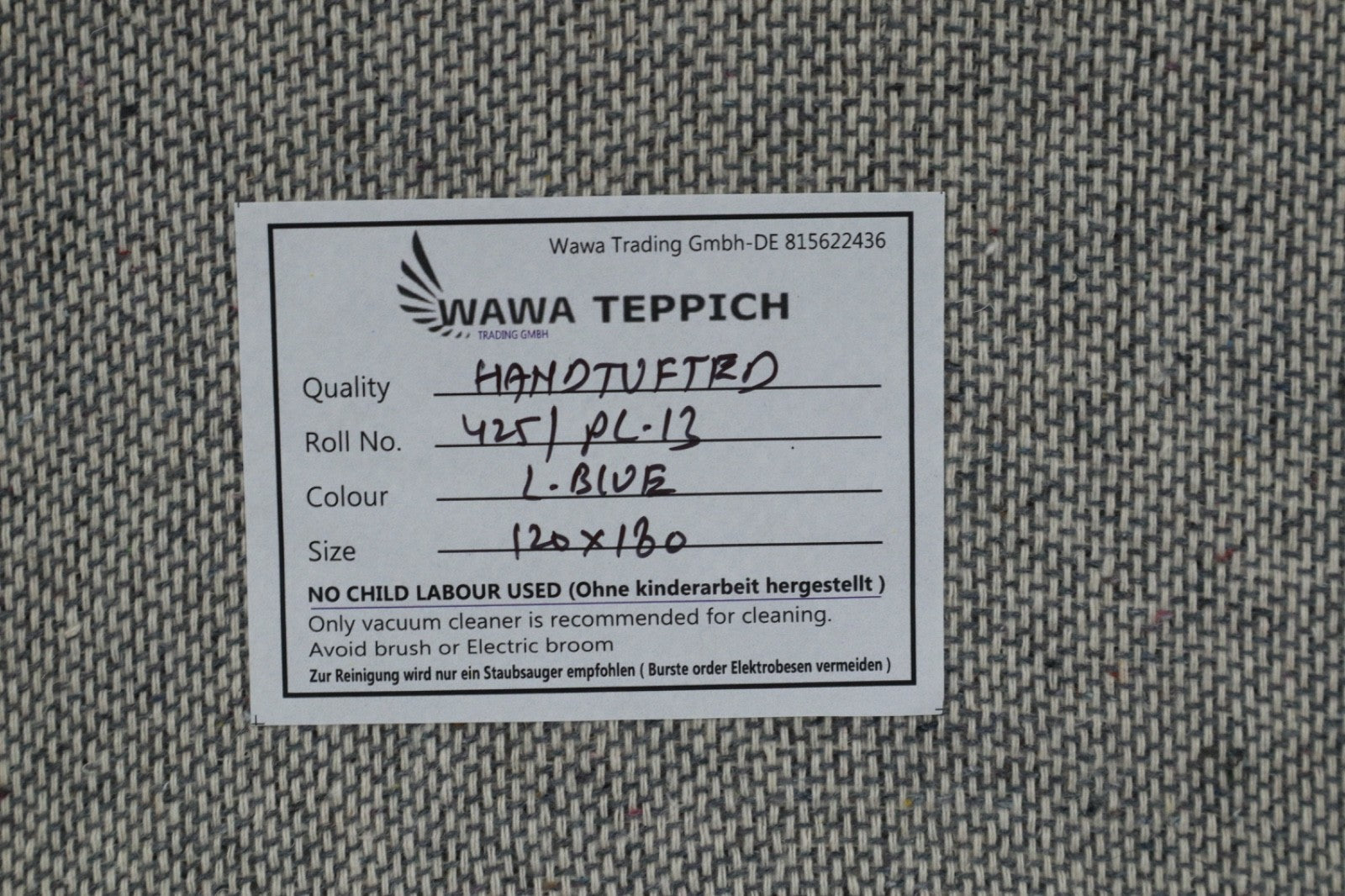 Gabbeh Teppich 100% Wolle Hellblau Uni Farbe 120x180 cm  Handgemacht PL13