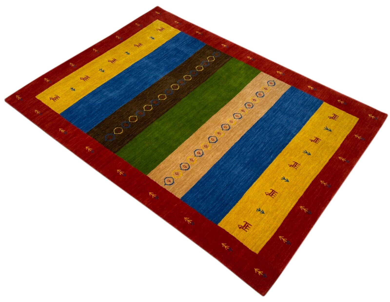 Bunt Gabbeh Teppich 100% Wolle 120x180 cm Rot Gold Blau Orient Handgewebt BR12