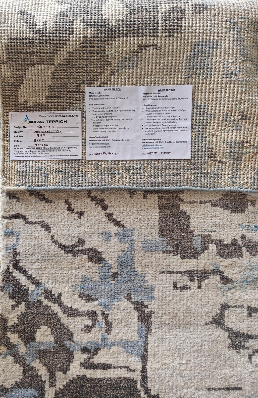 Modernes Handgeknüpfter Bambus 90x150 Vintage Blau Wohnzimmer Teppich SH154