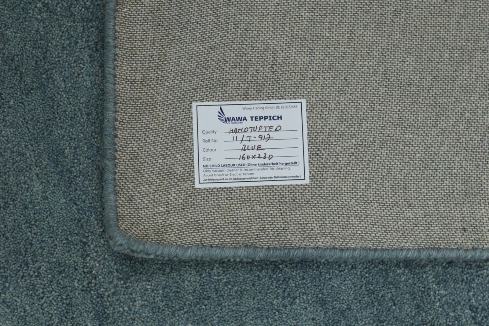 Šviesiai mėlynas kilimas, 100 % vilnos, 160 x 230 cm, rankų darbo, rankomis dygsniuotas, T917