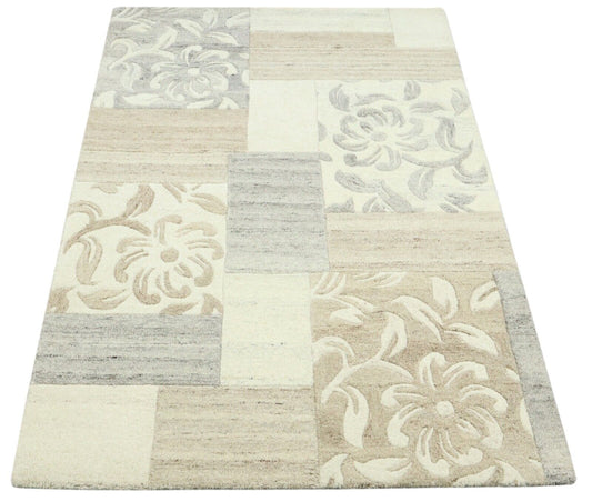 Grau Beige Orient Teppich 100% Wolle 120X180 cm Handarbeit Handgetuftet T973