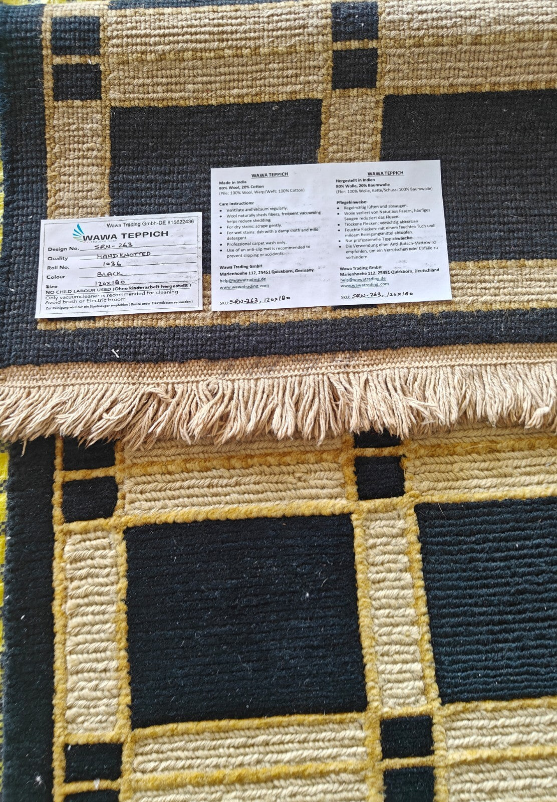 Tappeto moderno da soggiorno in lana annodato a mano 120x180 nero vintage SH263