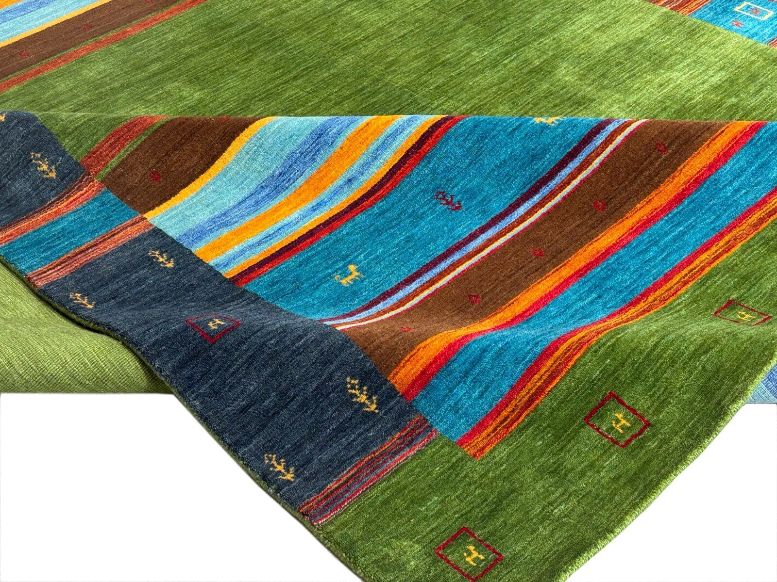 Wollteppich 250x350 Grün Bunt Modern Handgewebt Unikat Orient Teppich 109