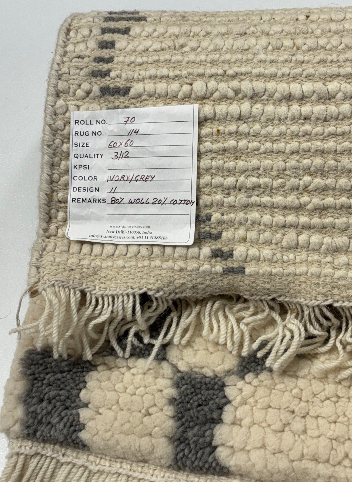 Handgefertigter Teppich 60x60 cm 100 % Wolle Weicher  Ivory & Grau  R70