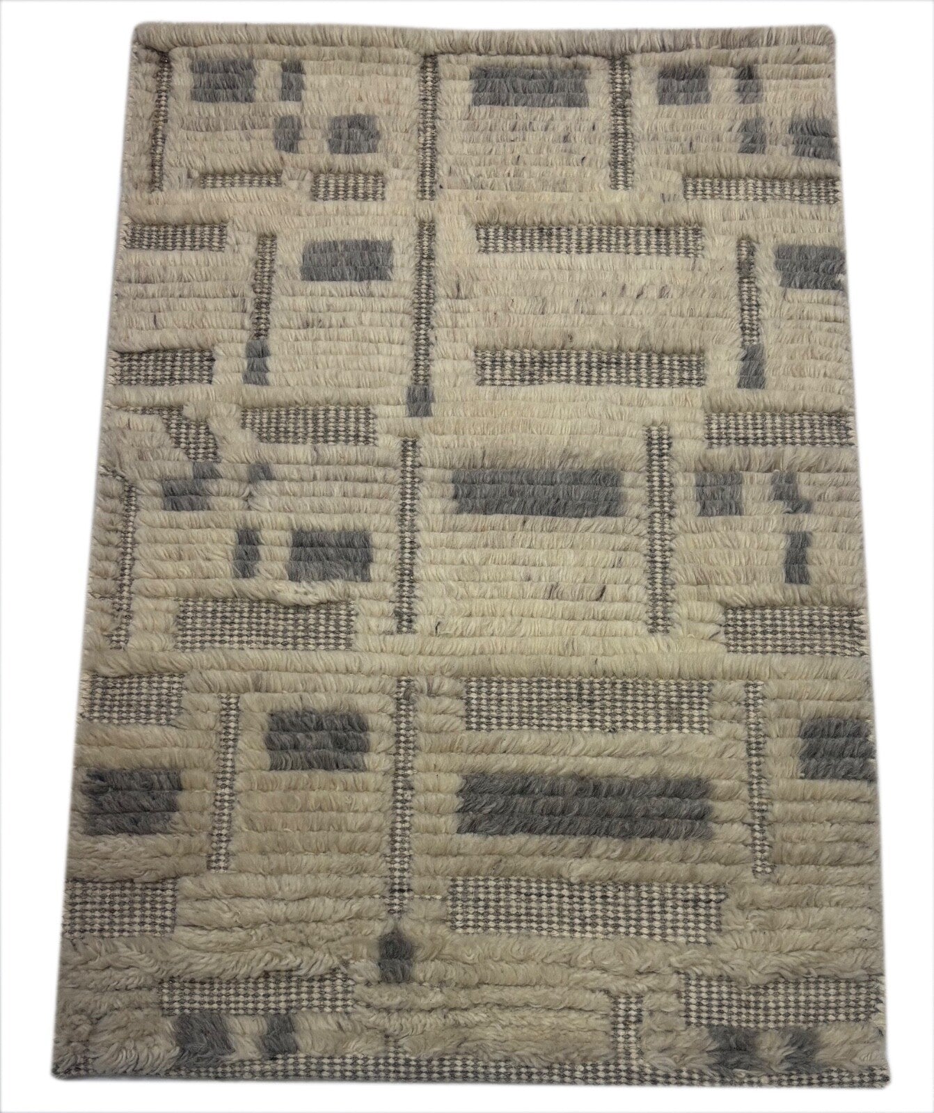 Handgeknüpfter Wollteppich 60x90cm Beige Grau Teppich Modern Design D796