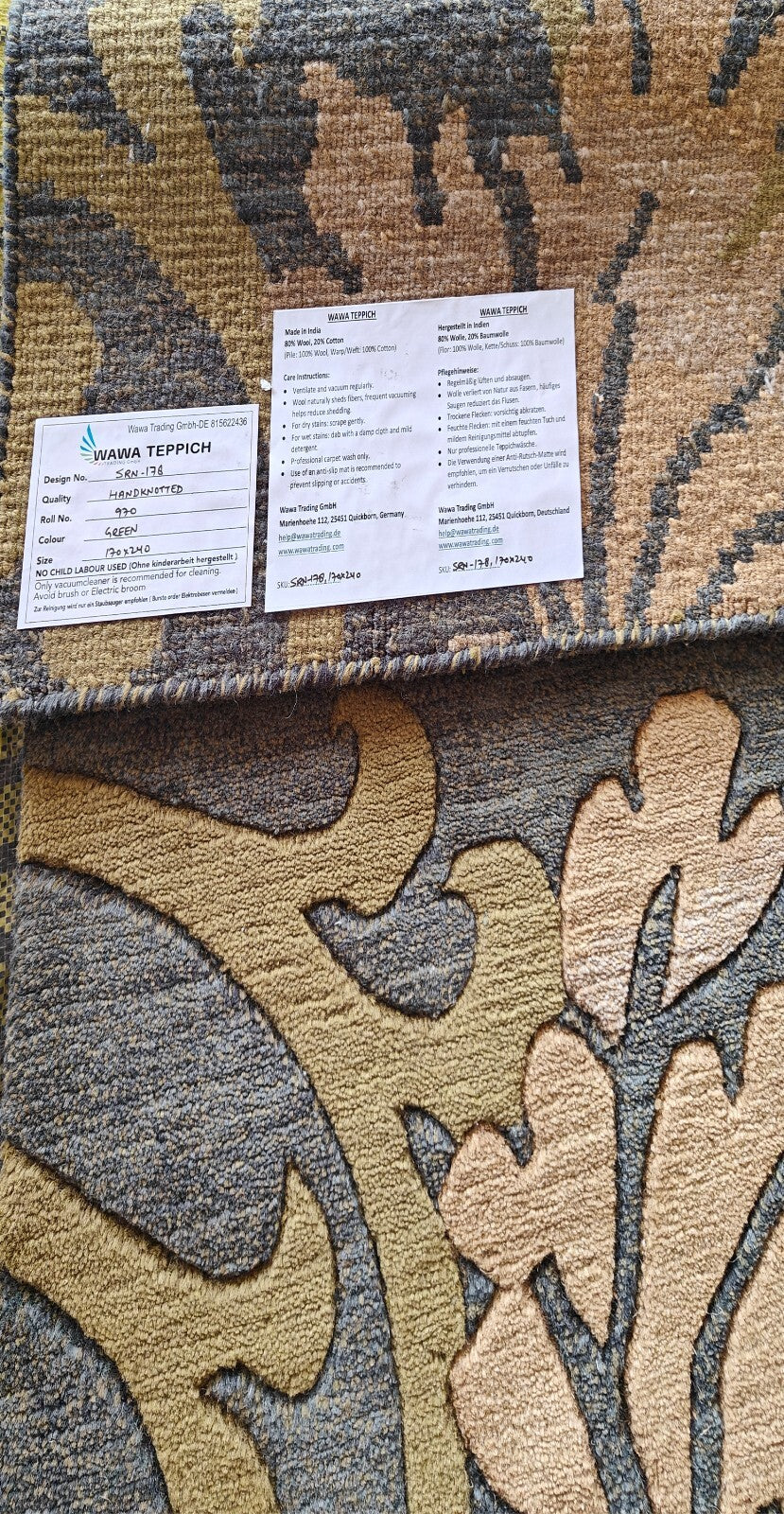 Modernes Handgeknüpfter Wolle 170x240 Vintage Grün Wohnzimmer Teppich SH178