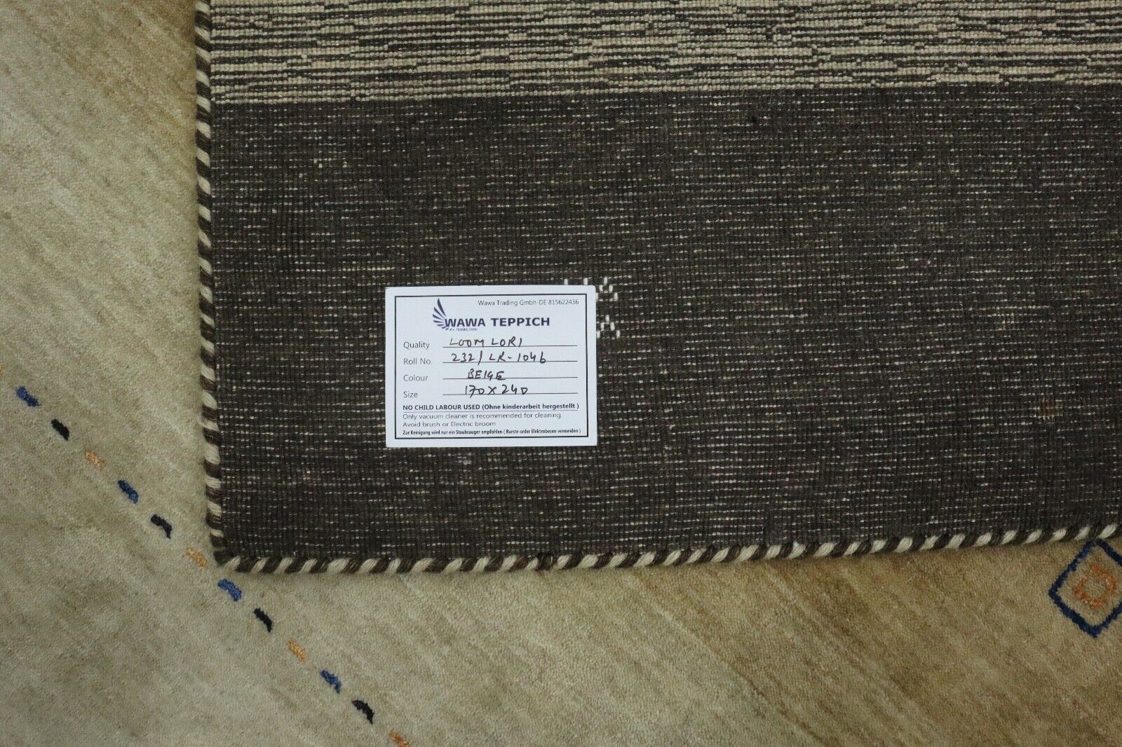 Tappeto 100% Lana 170x240 cm Nero Beige Tessuto a Mano Gabbeh LR1046 