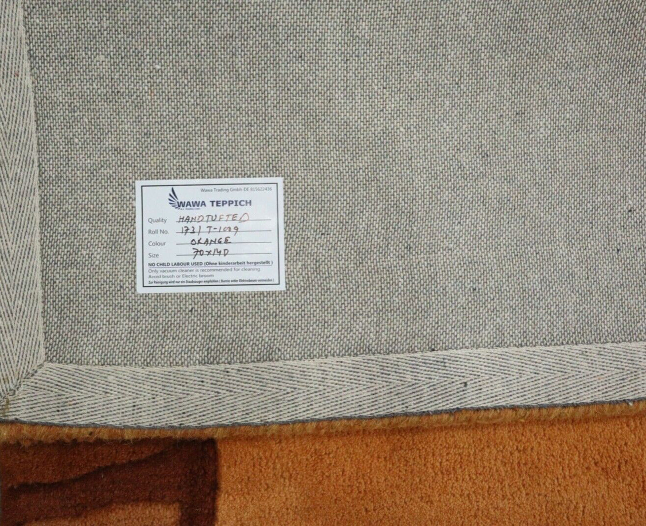 Teppich 100% Wolle 70X140 cm Handarbeit Orange Gold Handgetuftet T1009